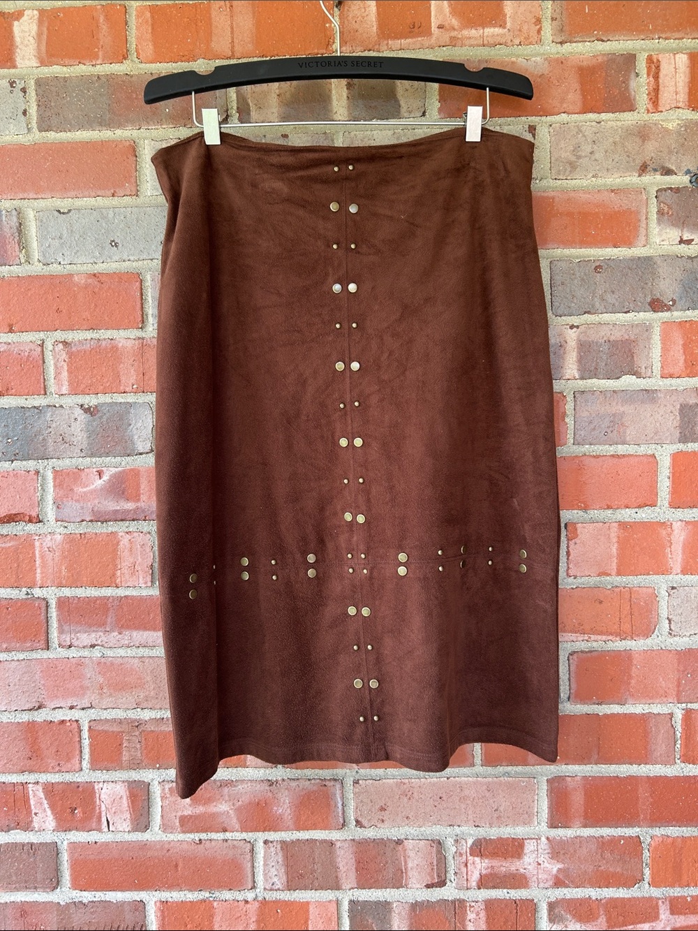 Brown Suede-Look Pencil Skirt with Stud Detail